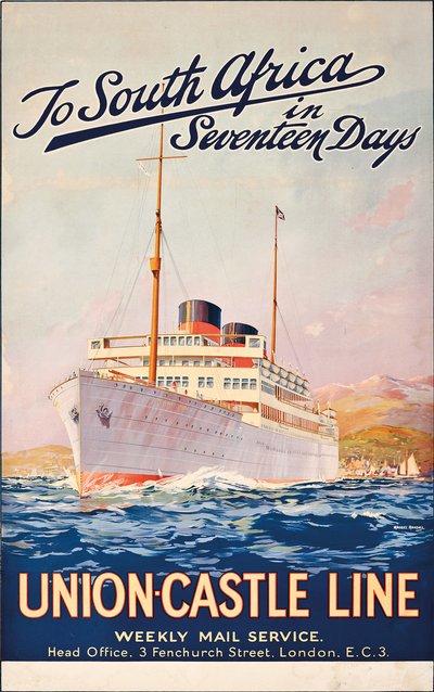 Do Jižní Afriky za sedmnáct dní; reklamní plakát pro Union Castle Line, od Maurice Randall