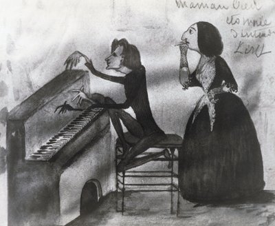 Karikatura Franze Liszta (1811-1886) a George Sanda (1804-1876) v Nohantu v roce 1832, kresba Maurice Sanda (1825-1889) od Maurice Sand