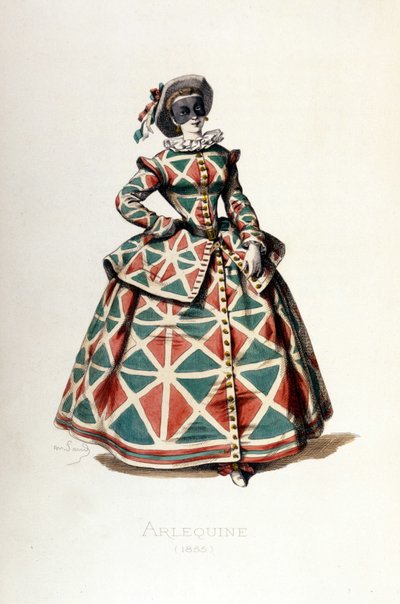 Kostým a maska Harlekýna v roce 1855, ženská postava Harlekýna v commedia dell