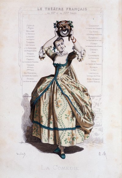 Personifikace commedia del arte. - Frontispis „Masques et bouffons““ (italská komedie), text a kresby Maurice Sand (= Maurice Dudevant), rytiny A. Manceau, předmluva Georges Sand, Paris, Michel Lévy Frères od Maurice Sand