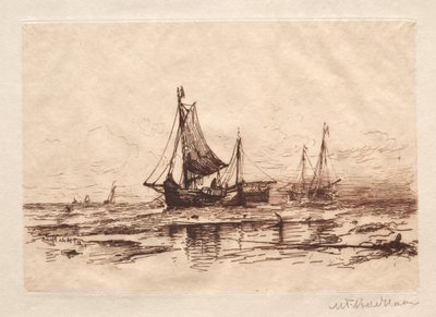 Rybářské lodě na pláži v Scheveningen. od Maurits Frederik Hendrik De Haas