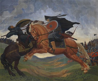 Jediný boj Peresvet a Temir-murza na poli Kulikovo v roce 1380 od Mavriki Petrovich Jacobi