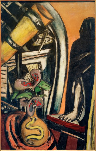Ateliér (noc). Zátiší s dalekohledem a zahalenou postavou od Max Beckmann
