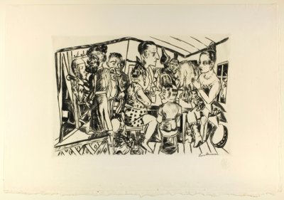 Za scénou, deska tři z Jahrmarktu od Max Beckmann