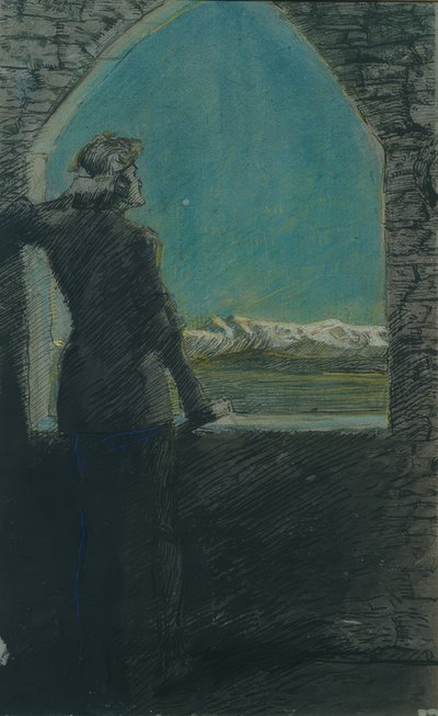Zahalený mladý muž, při pohledu do dálky ze staré zdi od Max Beckmann