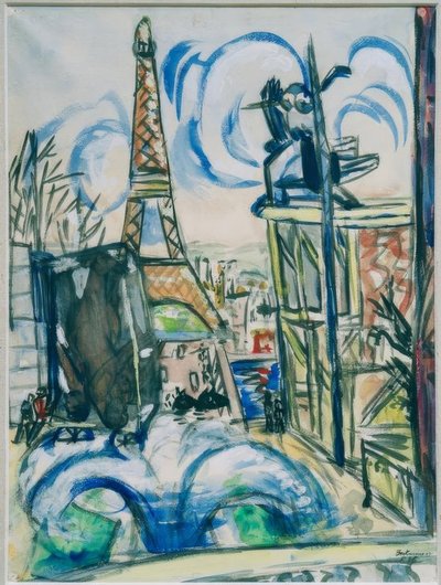 Pohled na budovanou světovou výstavní plochu s Eiffelovou věží od Max Beckmann