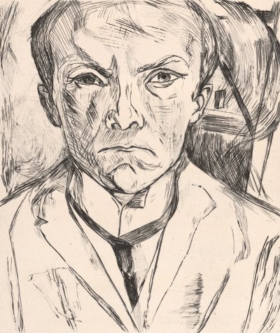 Čelní autoportrét s domovním štítem v pozadí od Max Beckmann