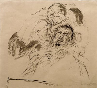 Sestra a mužská postava, skloněná nad nemocnou osobou od Max Beckmann