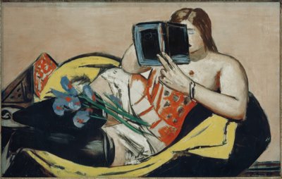 Ležící žena s knihou a kosatci od Max Beckmann