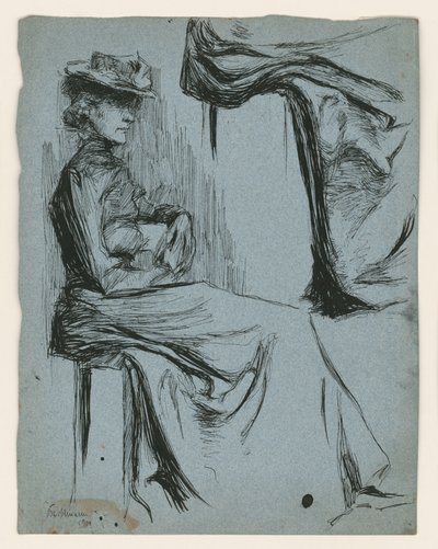 Sedící žena s kloboukem, z profilu doprava, a detailní studie jejích šatů od Max Beckmann