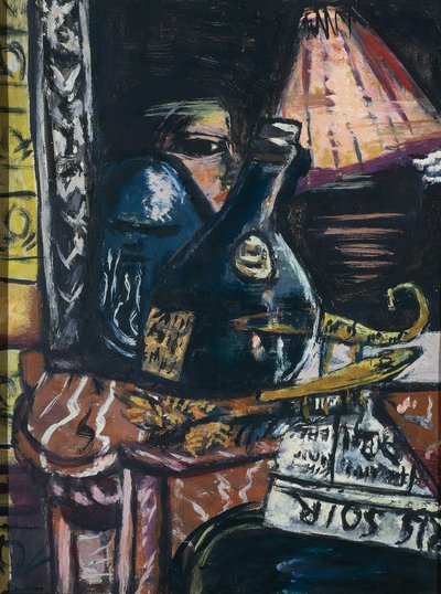 Still life s nahnutou lahví pálenky a Buddhou od Max Beckmann