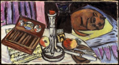 Zátiší se stříbrnými svícny (Zátiší s kočkami) od Max Beckmann
