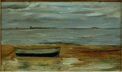 Pláž s šedou lodí a šedým mořem od Max Beckmann