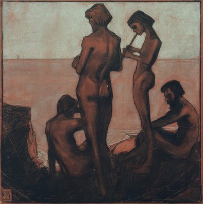 Čtyři mladí muži u moře (Mladí muži u moře - Čtyři mužské postavy u moře) od Max Beckmann