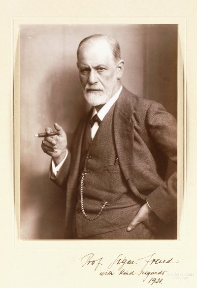 Podepsaná fotografie Sigmunda Freuda, kolem roku 1921 (sépiová fotografie) od Max Halberstadt