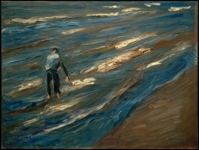 Rybáři slávek na pláži - modré moře od Max Liebermann