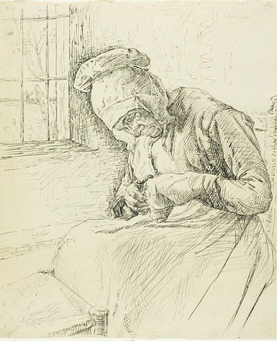 Stará žena opravuje u okna od Max Liebermann