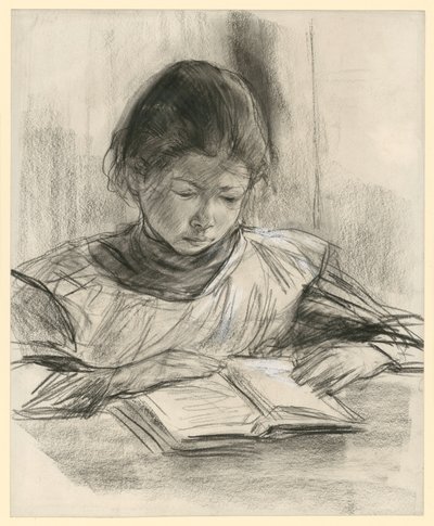 Portrét umělcovy dcery. Poprsí zepředu, u stolu a při čtení od Max Liebermann