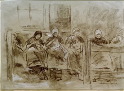Šest šicích holandských dívek před zdí domu od Max Liebermann