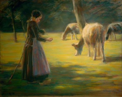 Předení na pastvě - Na slunci od Max Liebermann