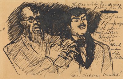 Drei Lenbach-Karikaturen: a) Brustbild; b) Ganzfigur; c) zusammen mit Stuck od Max Slevogt