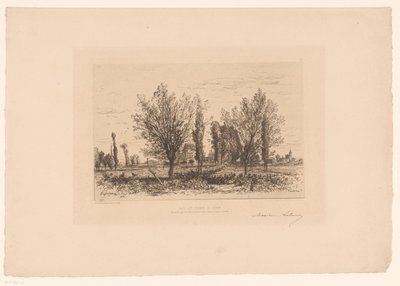 Krajina s loukou a výhledem na město Tanec les champs de Cenon. (název na objektu) od Maxime François Antoine Lalanne (signed by artist)