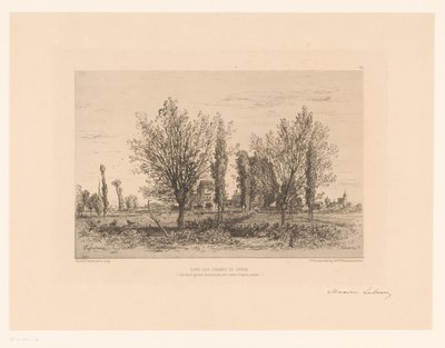 Krajina s loukou a výhledem na město Tanec les champs de Cenon. (název na objektu) od Maxime François Antoine Lalanne (signed by artist)