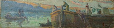 Říční krajina s člunem a čluny od Maximilien Luce