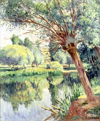 Presbytář a vrba na břehu řeky od Maximilien Luce