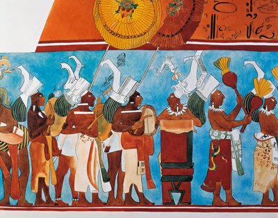 Rekonstrukce fresek Bonampak zobrazujících průvod hudebníků (nástěnná malba) od Mayan