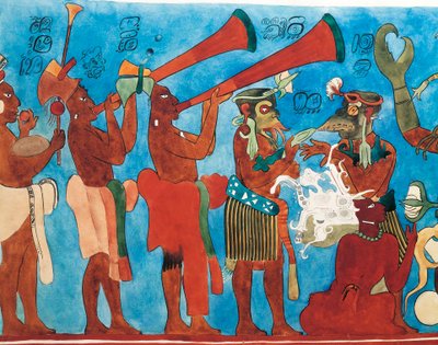 Reprodukce fresek Bonampak, detail s hudebníky z Mexika, Chiapas, Bonampak (freska) od Mayan