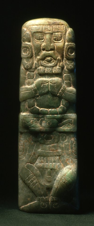 Soška umístěná ve věnování na Hieroglyfickém schodišti, Copan, pozdní klasické období (600-900) (nefrit) od Mayan