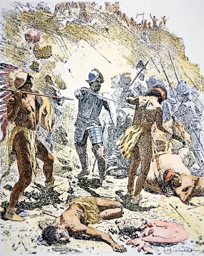 Indiánské povstání v Pueblu v roce 1680 (kolorovaná rytina) od Maynard Dixon