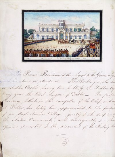 Stránka z ilustrovaného rukopisu „Reminiscence of Imperial Delhi“ od Mazar or Mazhar Ali Khan