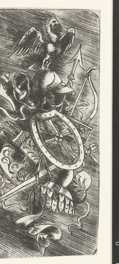 Orel na vrcholu zbraňových trofejí včetně různých zbraní od Meester van 1515