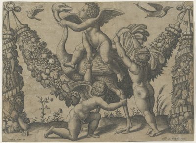 Tři putti s pštrosem Tapiserie papeže od Raphaela (název série) od Meester van de Dobbelsteen