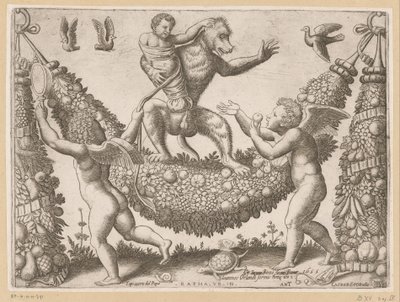 Putti zesměšňuje opici Tapiserie papeže (název série) Tapezzerie de Papa (název série na objektu) od Meester van de Dobbelsteen
