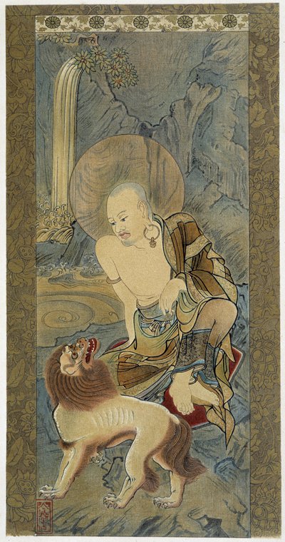 Muž se lvem. Malba na hedvábí od Meicha (1427-1532). od Meicho
