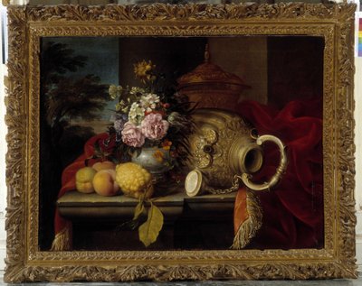 Zátiší s kyticí, ovocem, vázou a červenou látkou (olej na plátně) od Meiffren (c.1630 1705) Conte