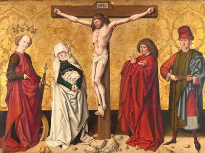 Kristus na kříži mezi sv. Mary a John, Catherine a Sebastian od Meister von Großgmain
