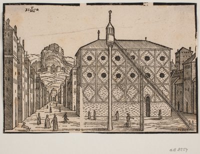 Ulice, v popředí mešita a samostatně stojící minaret od Melchior Lorck