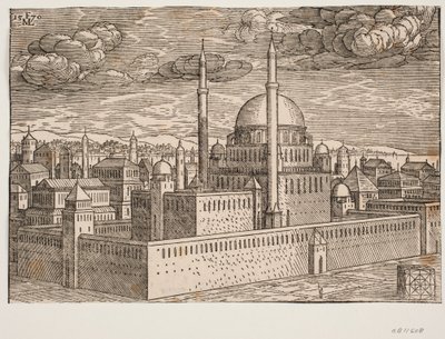 Mešita se dvěma minarety při pohledu od severozápadu; na druhé straně vody je vidět Galata? V pravém dolním rohu je krychlový kámen, na kterém je vyleptán čtvercový geometrický obrazec, obrazec, který pravděpodobně zobrazuje od Melchior Lorck