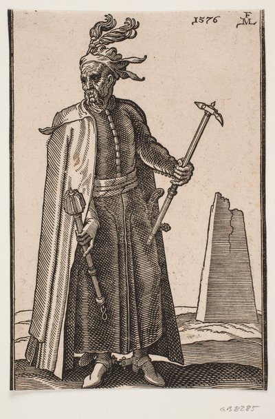 Stojící, maskovaný voják, čelní pohled; v h. dolů obrácená ruka válečná palice, ve v. válečné kladivo; na patních ostruhách od Melchior Lorck