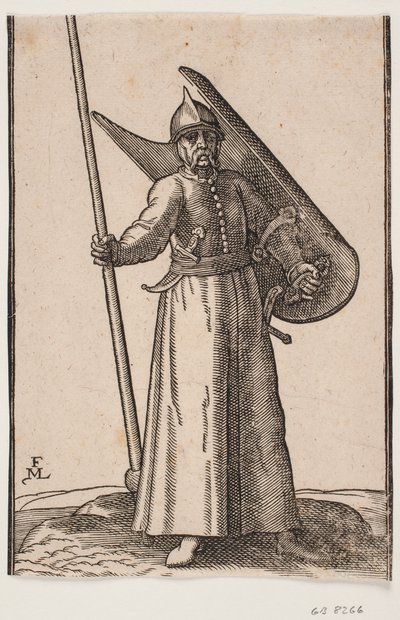 Stojící voják s helmou na hlavě; v ř. ruce kopí, jehož vrchol je vně horní orámovací linie; na v. rameni zakřivený štít, viděno zevnitř; v opasku pod r. paží zahnutá dýka, při v. straně meč od Melchior Lorck