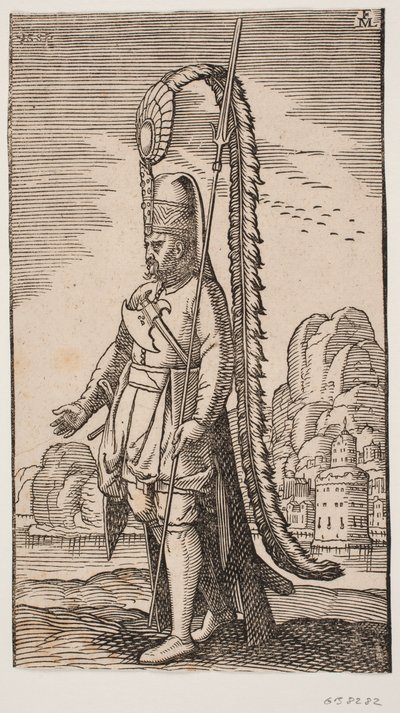 Stojící voják u skalnatého břehu, za vodou město; jeho čelenku zdobí extrémně dlouhý chochol od Melchior Lorck