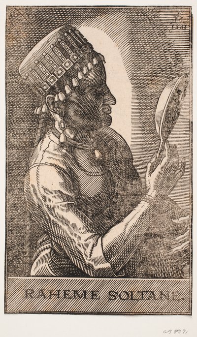 Portrét sultána, zrcadlově, profil do r.: RAHEME SOLTANE. od Melchior Lorck