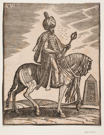 Jezdec v turbanu s mečem u pravého boku a válečným kyjem v levé ruce, profil vpravo; v pozadí obelisk od Melchior Lorck