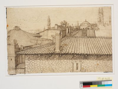 Pohled přes střechy směrem ke sloupu Arcadios v Konstantinopoli od Melchior Lorck