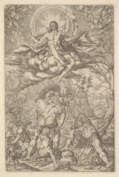 Vzkříšení Krista, obklopené aureolou a mraky s liniemi okřídlených putti do..., 1577. od Melchior Meier