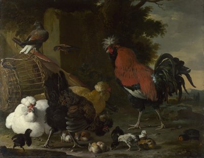 Kohout, slepice a kuřata, asi 1668-1670 od Melchior de Hondecoeter
